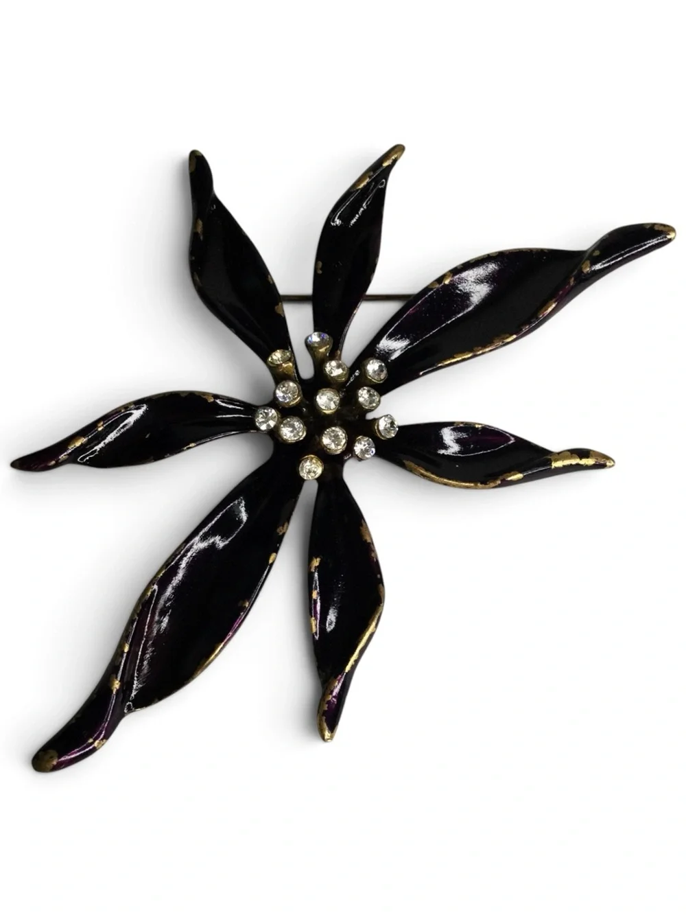 Vintage Ben-Amun Antiqued Gold-Tone Black-Purple Enamel Floral Rhinestone Brooch